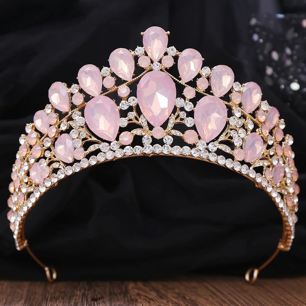 Baroque Pink Opal Crystal Wedding Crown Princess Bride Headwear Rhinestone Pageant Diadem Bridal Tiaras Hair Jewelry Accessories - EUFASHIONBAGS