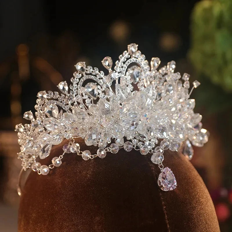 Baroque Luxury Crystal Beads Bridal Tiaras Cubic Zircon Crown Rhinestone Pageant Diadem Bride Headpiece Wedding Hair Accessories - EUFASHIONBAGS