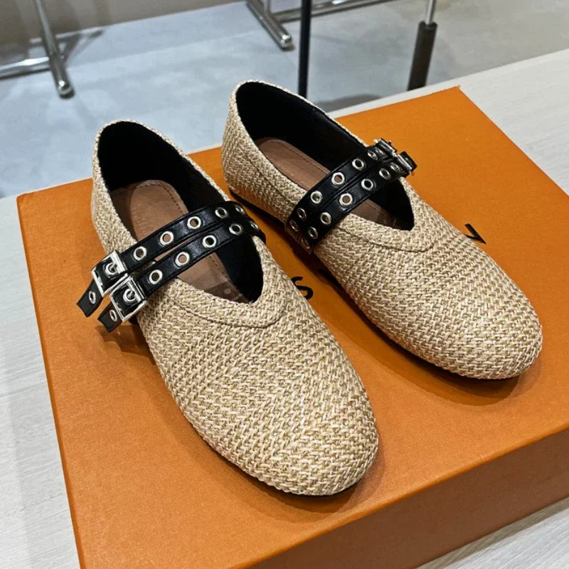 Woven Ballet Flat Shoes Women Brand Designer Shoes Female Belt Buckle Breathable Comfy Casual Twine Round Head Mary Jane Pumps