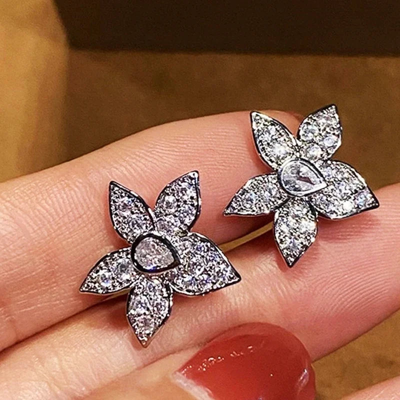 Flower Design Stud Earrings Elegant Temperament Shiny Cubic Zirconia Accessories for Lady Melting Party Jewelry - EUFASHIONBAGS