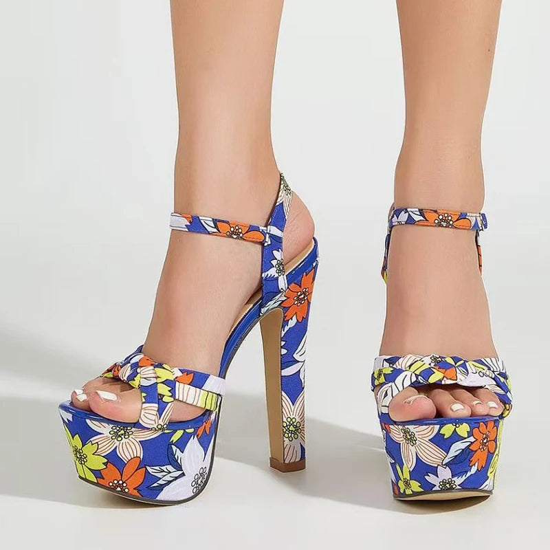 Mixed Colors Flowers Print Platform Sandals Women Weave Narrow Band Open Toe 14CM Super High Heels Party Banquet Shoes - EUFASHIONBAGS