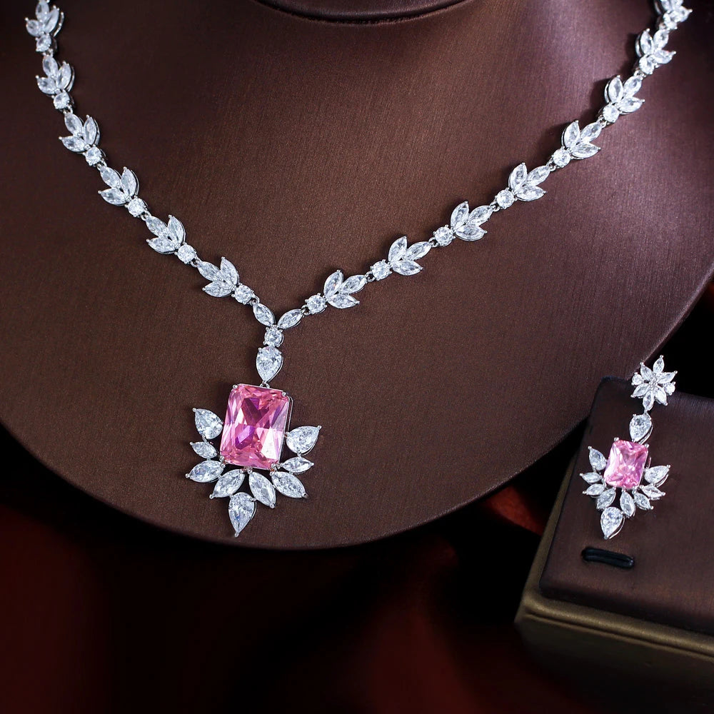 Glittering Pink Cubic Zirconia Leaf Flower Wedding Banquet Necklace Bridal Party Festival Jewelry Set for Brides - EUFASHIONBAGS