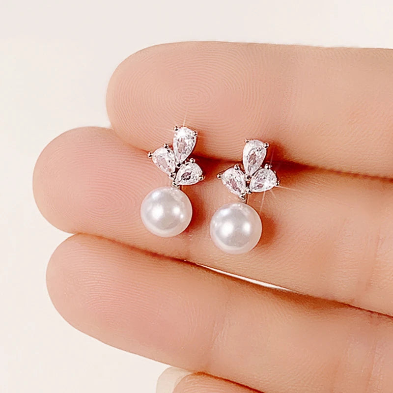 Dainty Simulated Pearl Earrings for Women with Shiny Cubic Zirconia Delicate Female Earrings Elegant Daily Wear Jewelry