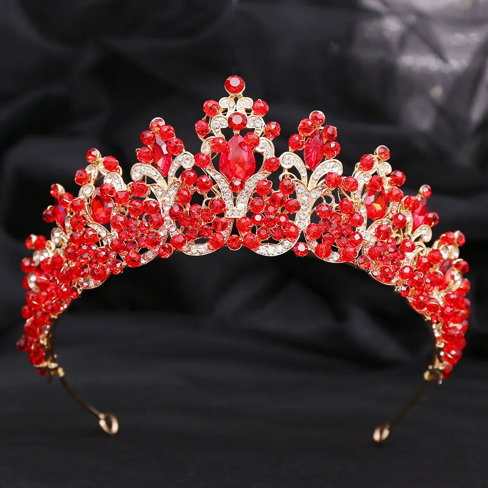 Baroque Gold Color Red Crystal Bridal Tiaras Crowns Rhinestone Pageant Diadem Women Headpieces Wedding Hair Accessories Jewelry - EUFASHIONBAGS