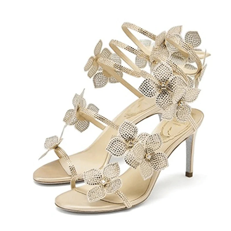 Fashion Crystal Flowers Ankle Strap Gold Sandals Women Sexy Open Toe Rhinestone High Heels Wedding Banquet Shoes - EUFASHIONBAGS