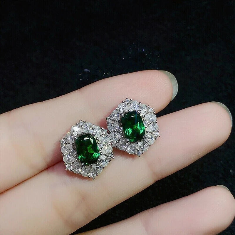 Geometric Shaped Stud Earrings with Oval Green CZ Sparkling Ear Accessories for Women Wedding Party Elegant Lady Jewelry