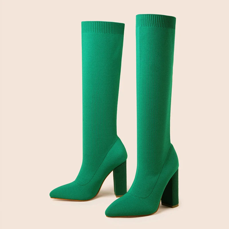 Green Women Cozy Knitting Stretch Fabric Knee High Boots Fashion Square Heels Autumn Winter Sock Long Shoes Booties Female - EUFASHIONBAGS