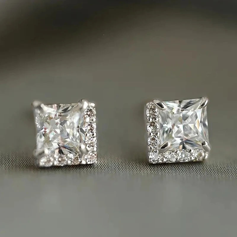 White/Green Princess CZ Stud Earrings for Women Dainty Temperament Female Earrings Luxury Trendy Jewelry