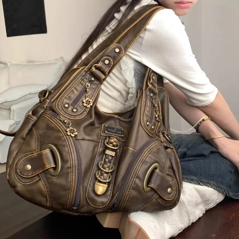 Vintage Brown Y2k Handbag Women Retro Subculture Leather Large Shoulder Bags Aesthetic Tote Bag