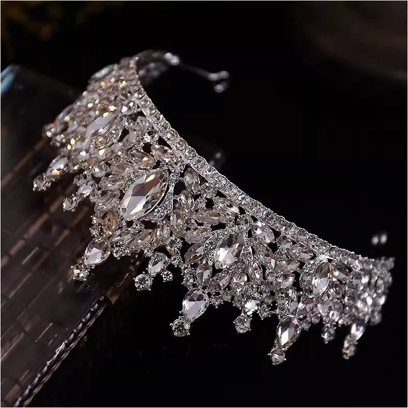 Korean Luxury Queen Water Drop Silver Color Crystal Tiaras Crown For Bride Women Girls Wedding Princess Party Hair Dress Jewelry - EUFASHIONBAGS