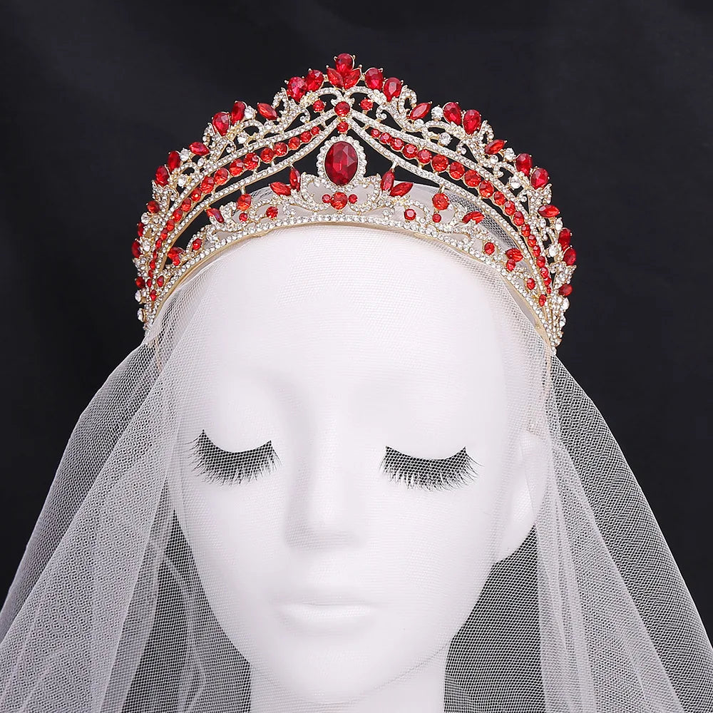 Luxury Red Crystal Wedding Crowns Green Tiaras Women Bridal Hair Jewelry Royal Queen Headdress Diadem Head Accessories - EUFASHIONBAGS