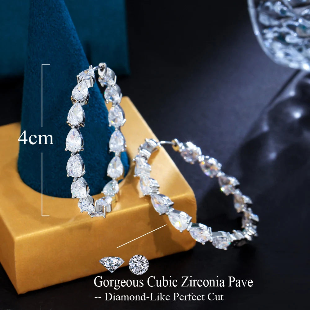 Dazzling Pear Cut CZ Cubic Zirconia Silver Color Round Big Hoop Earrings Trendy New Female Jewelry Accessories - EUFASHIONBAGS