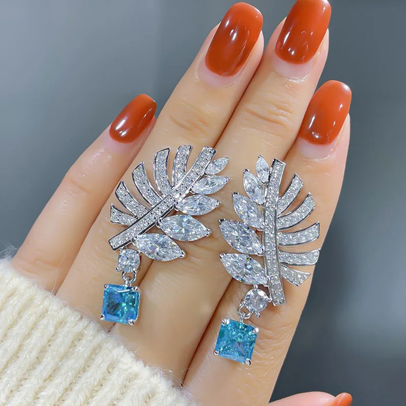 Sparkling Leaf Shaped Drop Earrings with Sky Blue CZ Ear Accessories for Women Wedding Trendy Jewelry - EUFASHIONBAGS