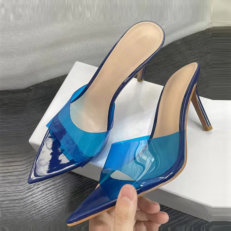 Candy Color Jelly PVC Transparent Slipper For Women Street Sexy Pointed Open Toe Thin High Heels Mules Slides Shoes Sandal - EUFASHIONBAGS