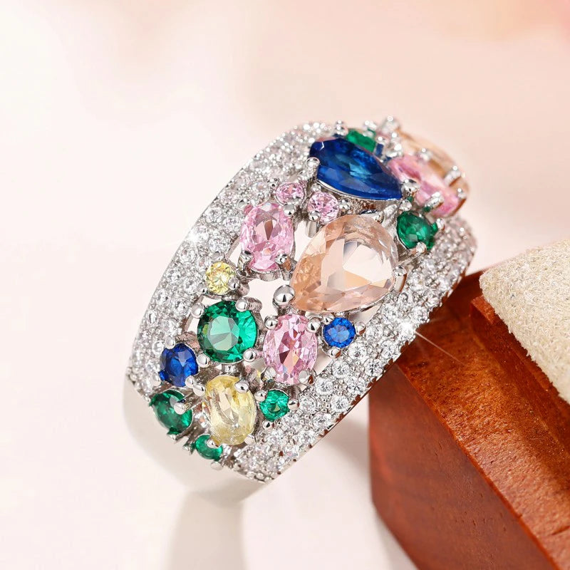 Rainbow Color Cubic Zirconia Rings Women New Wedding Accessories Luxury Trendy Female Rings Party Statement Jewelry - EUFASHIONBAGS