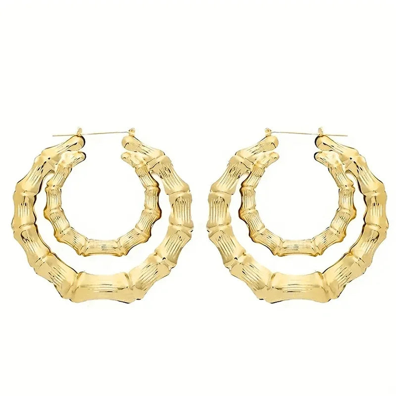 Modern Fashion Metal Double Circle Hoop Earrings for Women Chic Bamboo Design Earrings Daily Wear Statement Girls Jewelry - EUFASHIONBAGS