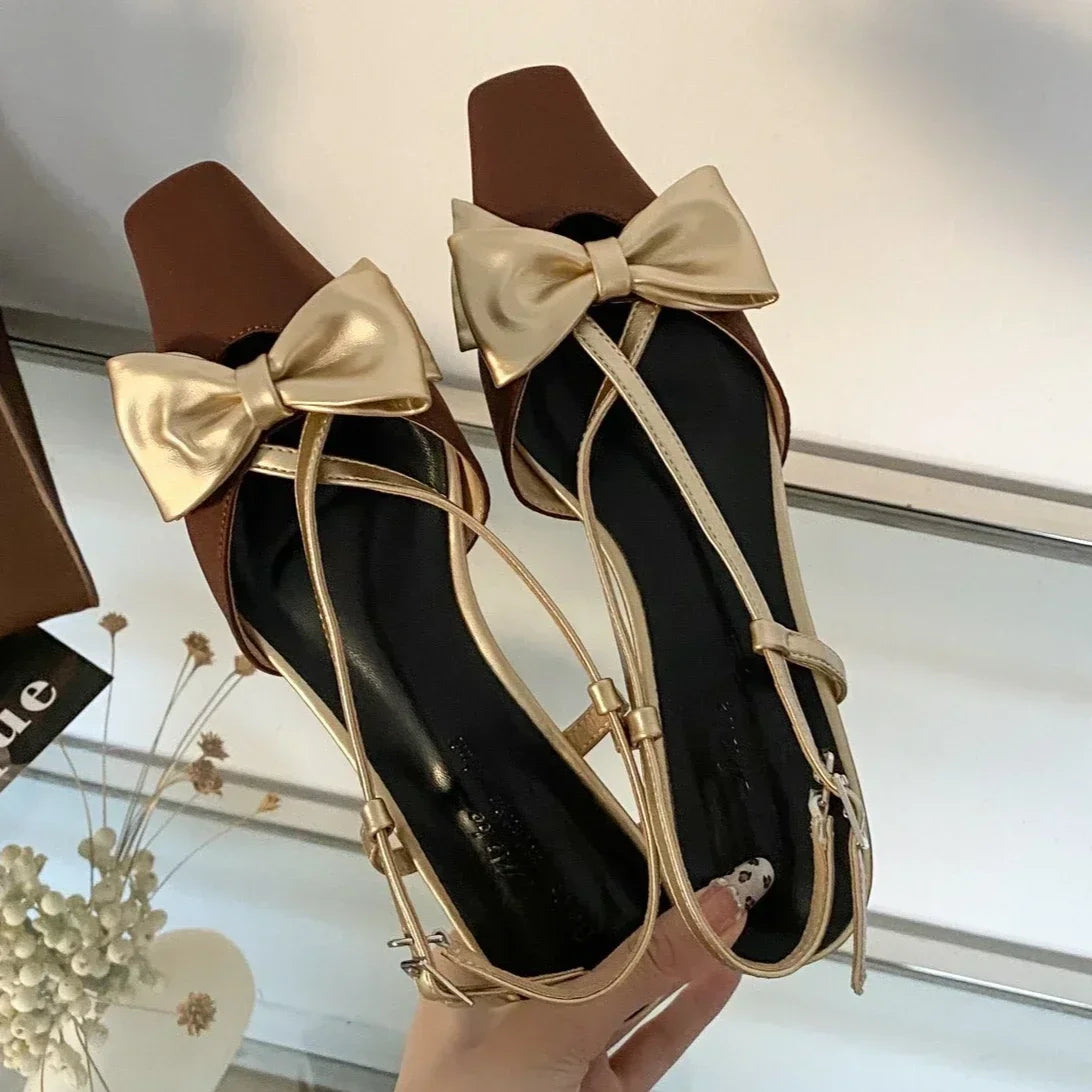 Sweet Butterfly-knot Low Heel Mules Women Shallow Elegant Dress Shoes Female Comfy Cross-tied Square Toe Slingback Sandals Women