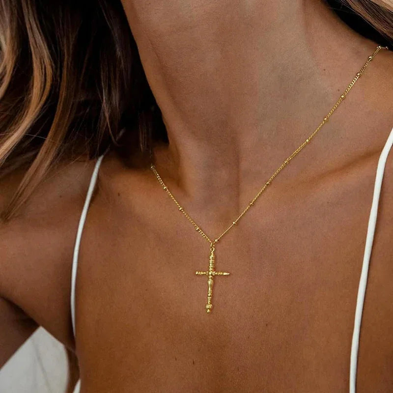 Gold Color Cross Pendant Long Beads Chain Necklace for Women Statement Female Neck Accessories Daily Wear Trendy Jewelry - EUFASHIONBAGS