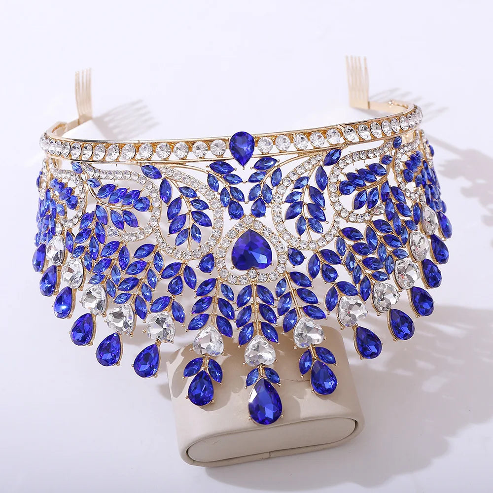 Luxury High Royal Queen AB Color Wedding Crowns Comb Women Purple Crystal Banquet Tiaras Party Costume Hair Jewelry Accessories