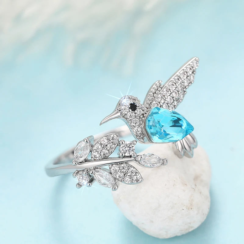 Sky Blue Bird Rings for Women Opening Adjustable Leaf Branch Ringer Bling Bling Cubic Zirconia Chic Female Jewelry Party - EUFASHIONBAGS