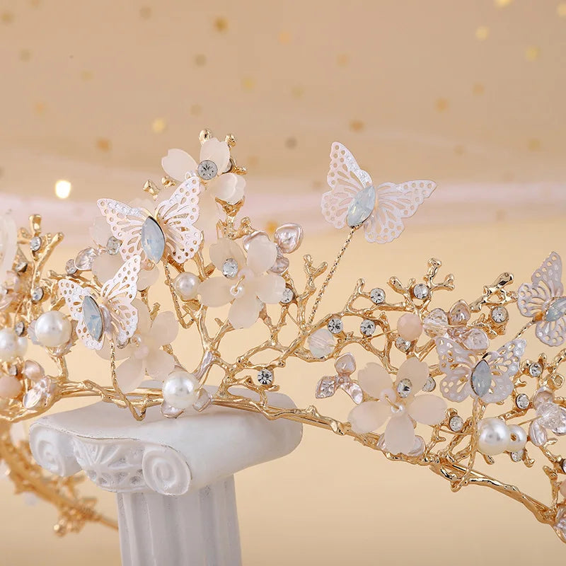 Baroque Handmade Crystal Butterfly Pearls Bridal Tiaras Crowns Rhinestone Diadem Headpieces Vine Tiara Wedding Hair Accessories