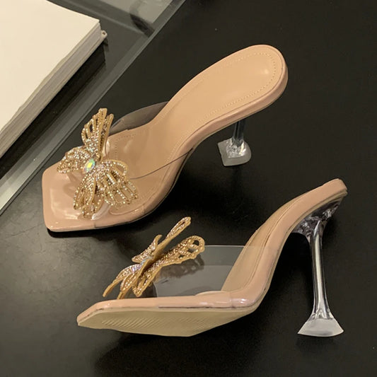 Clear High Heels Modern Slippers For Woman Crystal Butterfly Designer Shoes Transparent Sandal Female Mules Slides