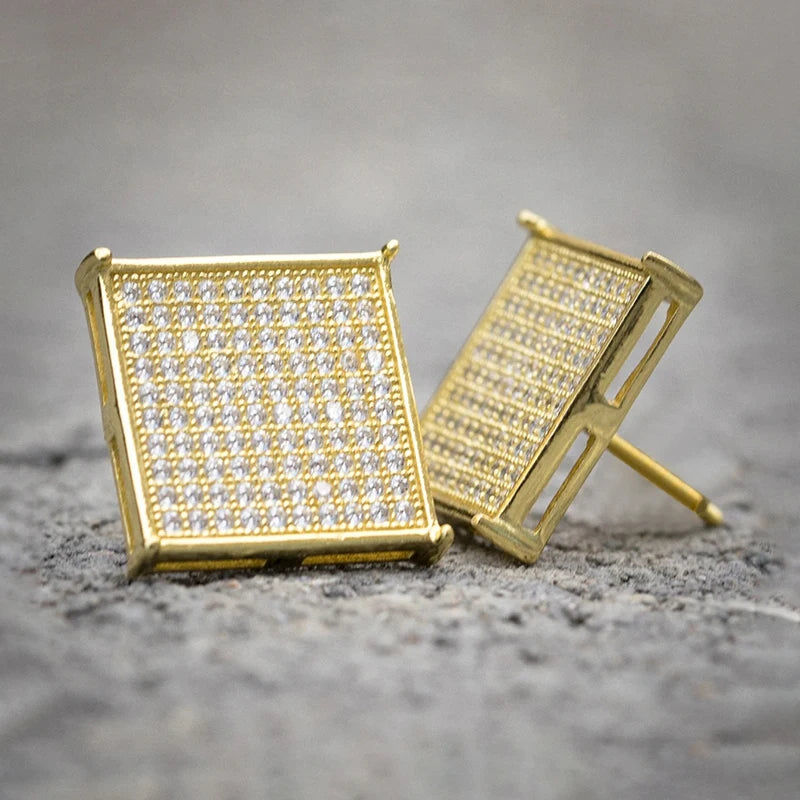 Square Shaped Stud Earrings Gold Color Luxury Accessories for Men/Women Full Bling Bling CZ Daily Wear Statement Jewelry - EUFASHIONBAGS