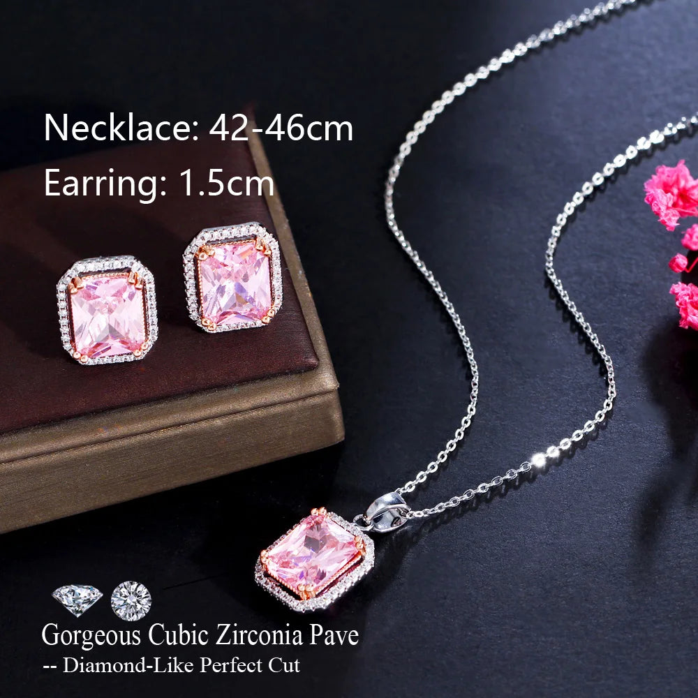 Bling Pink Cubic Zirconia Crystal Rectangle Pendant Necklace and Earrings New Trendy Women Jewelry Sets Gift - EUFASHIONBAGS