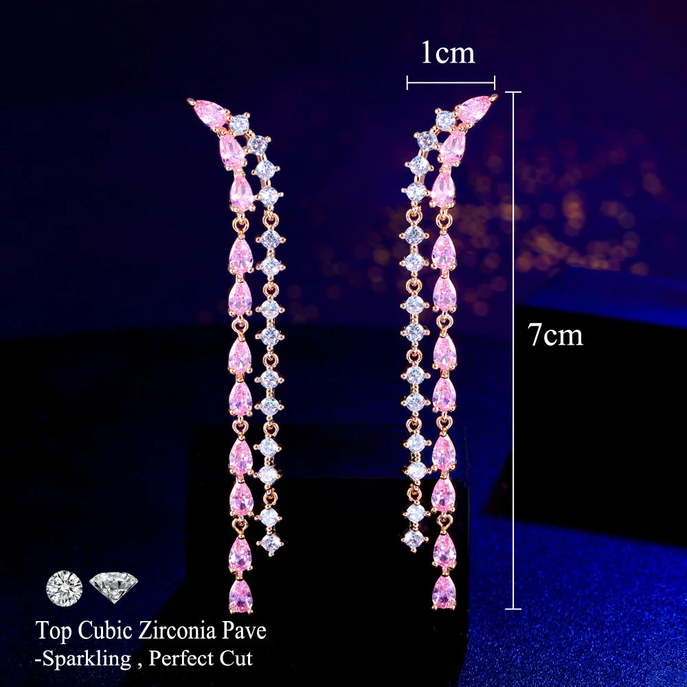 Extra Long Dangling Drop Pink Cubic Zirconia Tassel Ear Line Earrings for Women Daily Party Engagement Jewelry - EUFASHIONBAGS