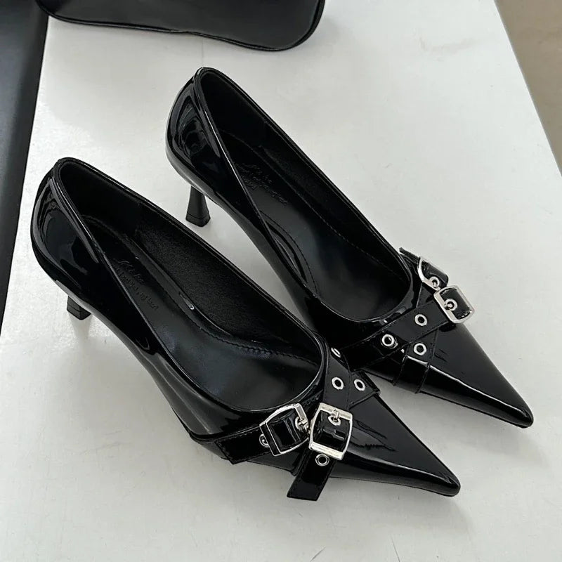 Belt Buckle Design High Heels Women Brand Women Shoes Shallow Classics Elegant Dress Shoes Fashion Pointed Toe Pumps Women