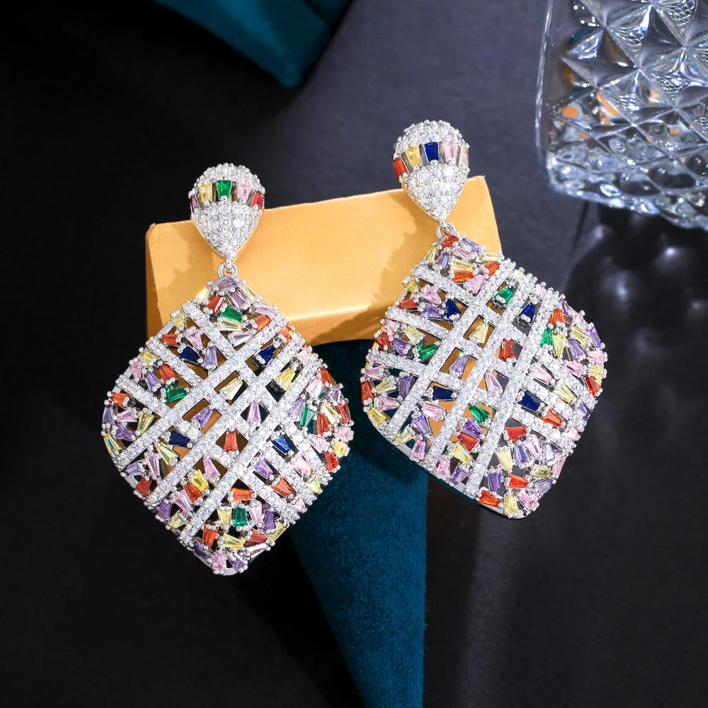 Fancy Cross Line Colorful Heavy Cubic Zirconia Stone Pave Luxury Big Rhombic Drop Engagement Earrings for Women - EUFASHIONBAGS