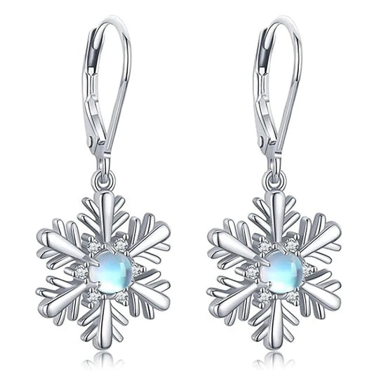 Christmas Snowflake Pendant Earrings for Women Silver Color Imitation Moonstone Accessories for Party Winter Jewelry Gift