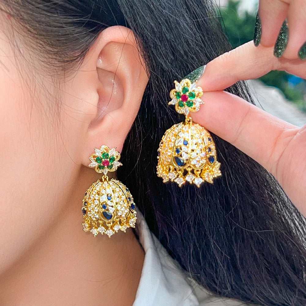 Bling Ethnic Hollow Bell Drop Dangle Chandelier Wedding Party Earrings for Women Indian Gold Plated CZ Jewelry - EUFASHIONBAGS