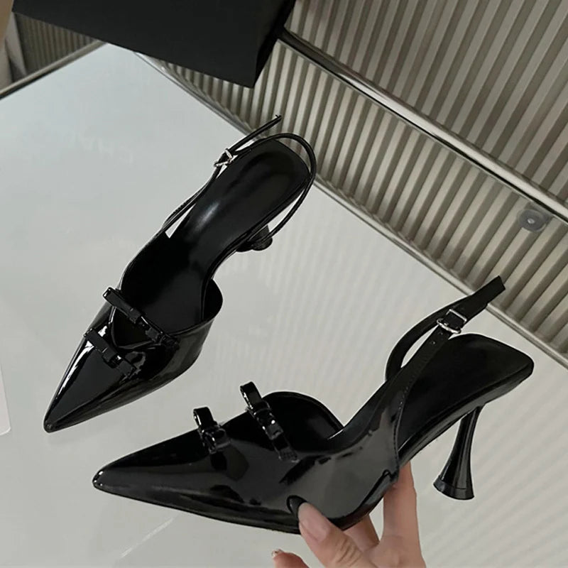 2025 Spring New Brand Women Pumps Sandals Fashion Bowknot Pointed Toe Back Buckle Strap Thin High Heels Party Prom Shoes - EUFASHIONBAGS