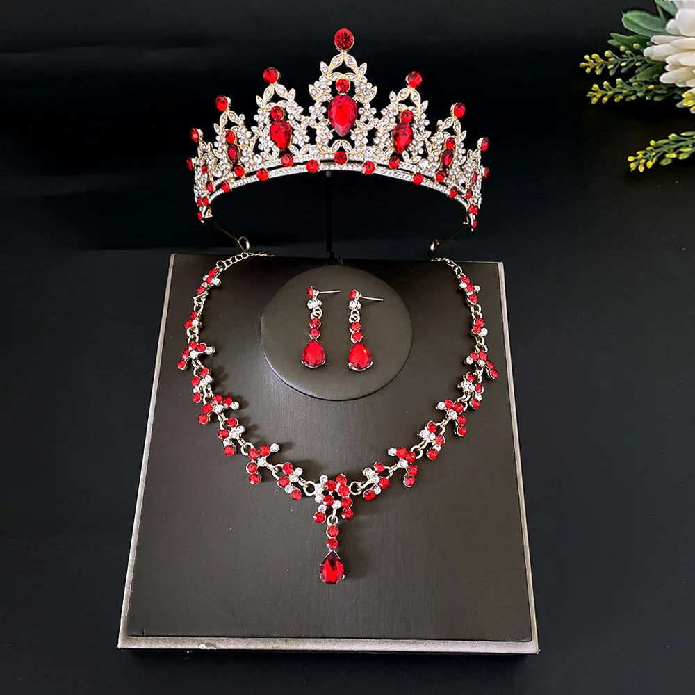 Fashion Crystal Tiaras Crowns Bride Wedding Jewelry Set Rhinestone Crown Necklace Earring For Women Accessories Diadem Headdress - EUFASHIONBAGS