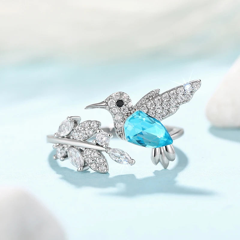 Sky Blue Bird Rings for Women Opening Adjustable Leaf Branch Ringer Bling Bling Cubic Zirconia Chic Female Jewelry Party - EUFASHIONBAGS