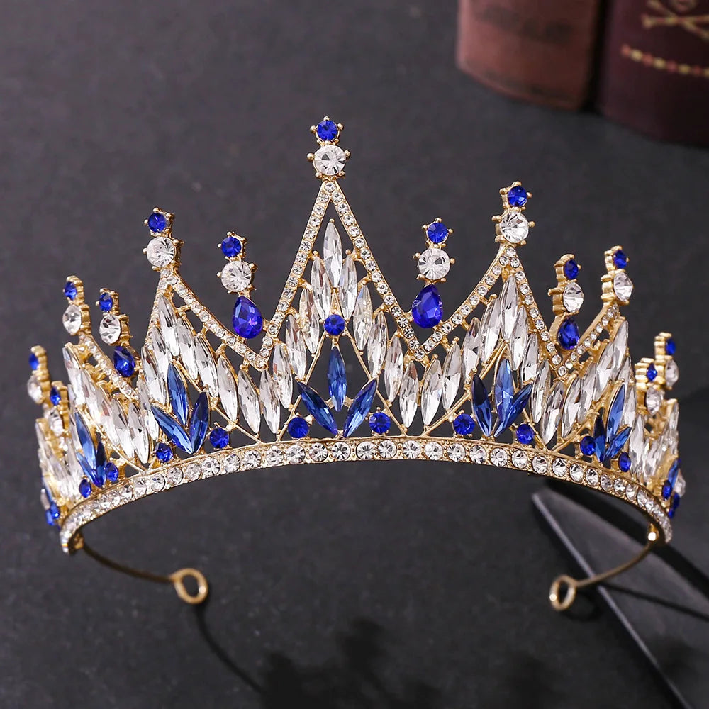 Baroque Gold Color Blue Diadem Rhinestone Crystal Tiaras Bride Headdress Princess Wedding Crown Pageant Hair Jewelry Accessories - EUFASHIONBAGS