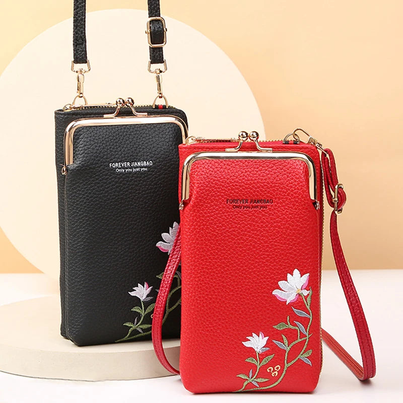 New Women's Bag Long Embroidered Mobile Phone Bags Female Shoulder Crossbody Bag Cards Holder Coin Wallet Girls Handbag