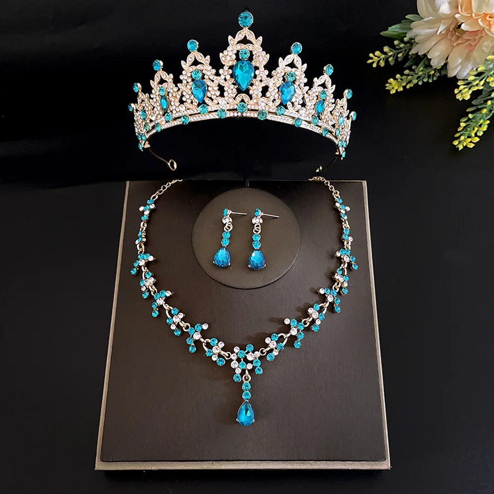 Fashion Crystal Tiaras Crowns Bride Wedding Jewelry Set Rhinestone Crown Necklace Earring For Women Accessories Diadem Headdress - EUFASHIONBAGS