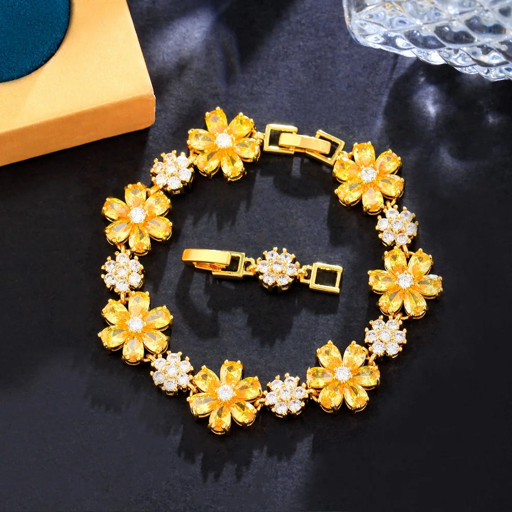 Gold Plated Green Cubic Zirconia Crystal Flower Charm Link Women Wedding Party Bracelets Jewelry Gift