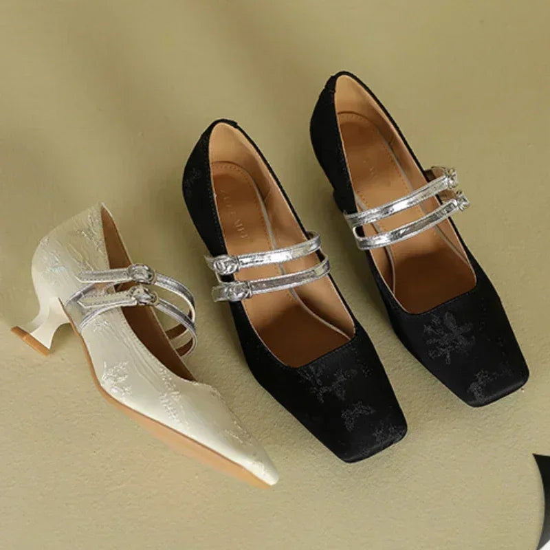 2025 New Designer High Heels Women Silk Square Toe Elegant Dress Shoes Female Comfort Fashion Belt Buckle Low Heel Shoes Women