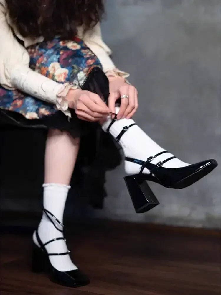 Designer Mary Jane Shoes Women Ankle Belt Buckle Chunky Slingback Shoes Female Women Fashion Square Toe Sandals Women Pumps