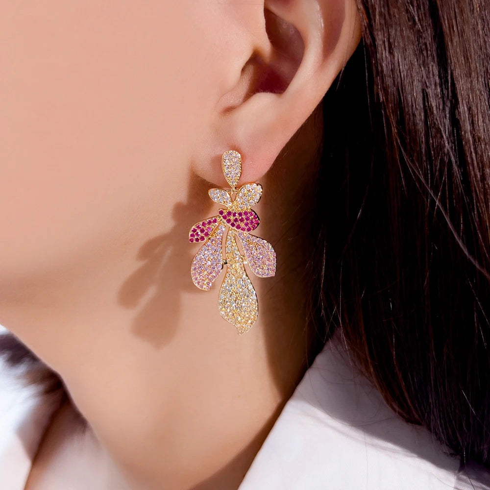 Full Pink Red Cubic Zirconia Micro Pave Flower Big Long Dangle Drop Luxury Wedding Party Earrings for Women - EUFASHIONBAGS