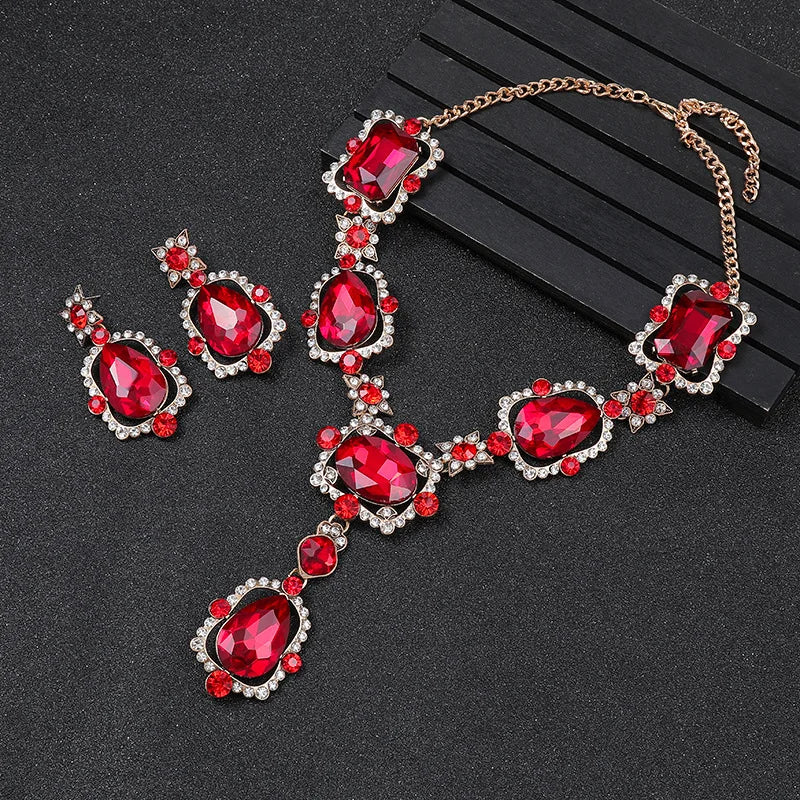 Luxury Big Rhinestone Bridal Jewelry Sets for Women Geometric Crystal Pendant Necklaces Earrings Set Wedding Costume Jewelry Set - EUFASHIONBAGS