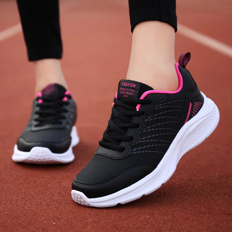 Waterproof Leather Chunky Sneakers for Women, Running Shoes, Casual Sports Shoes, Black Trainers, Autumn, Spring - EUFASHIONBAGS