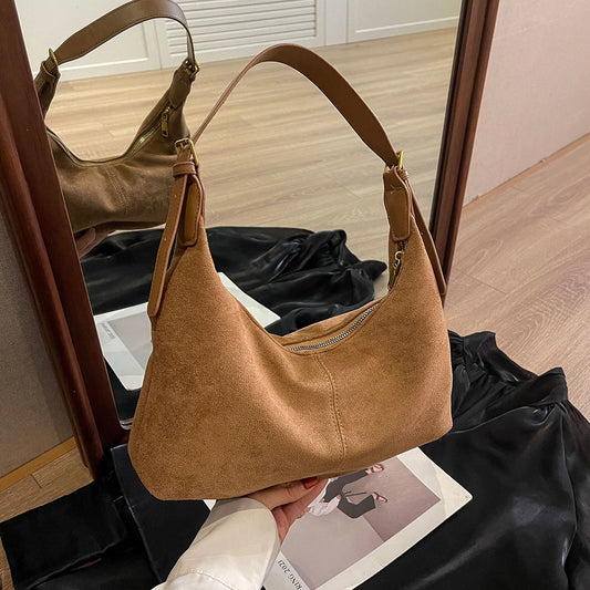 Vintage Handbag Purse for Women Suede Shoulder Bag Causal Crossbody Bags Female Luxury Designer Clutch Ladies Crescent Hobo Bag