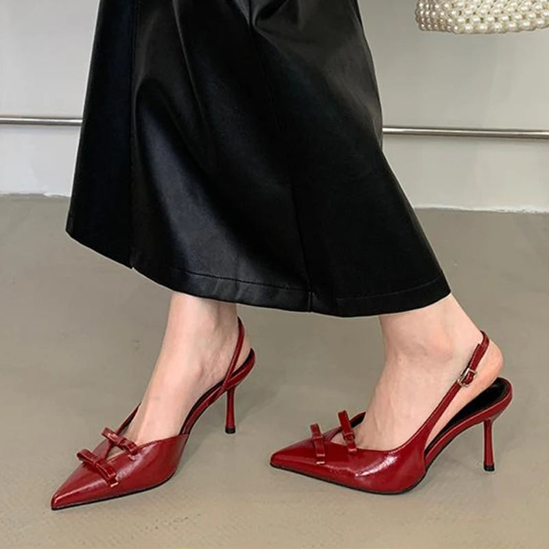 Fashion Hollow Out Butterfly-Knot Pointed Toe Red High Heels Wedding Prom Shoes Pumps Women Mules Back Buckle Strap Sandal - EUFASHIONBAGS