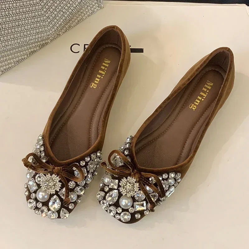 Crystal Pearl Designer Flat Women Shoes Comfort Soft Soled Dress Shoes Leisure Shiny Rhinestones Mules Shoes Zapatos De Mujer