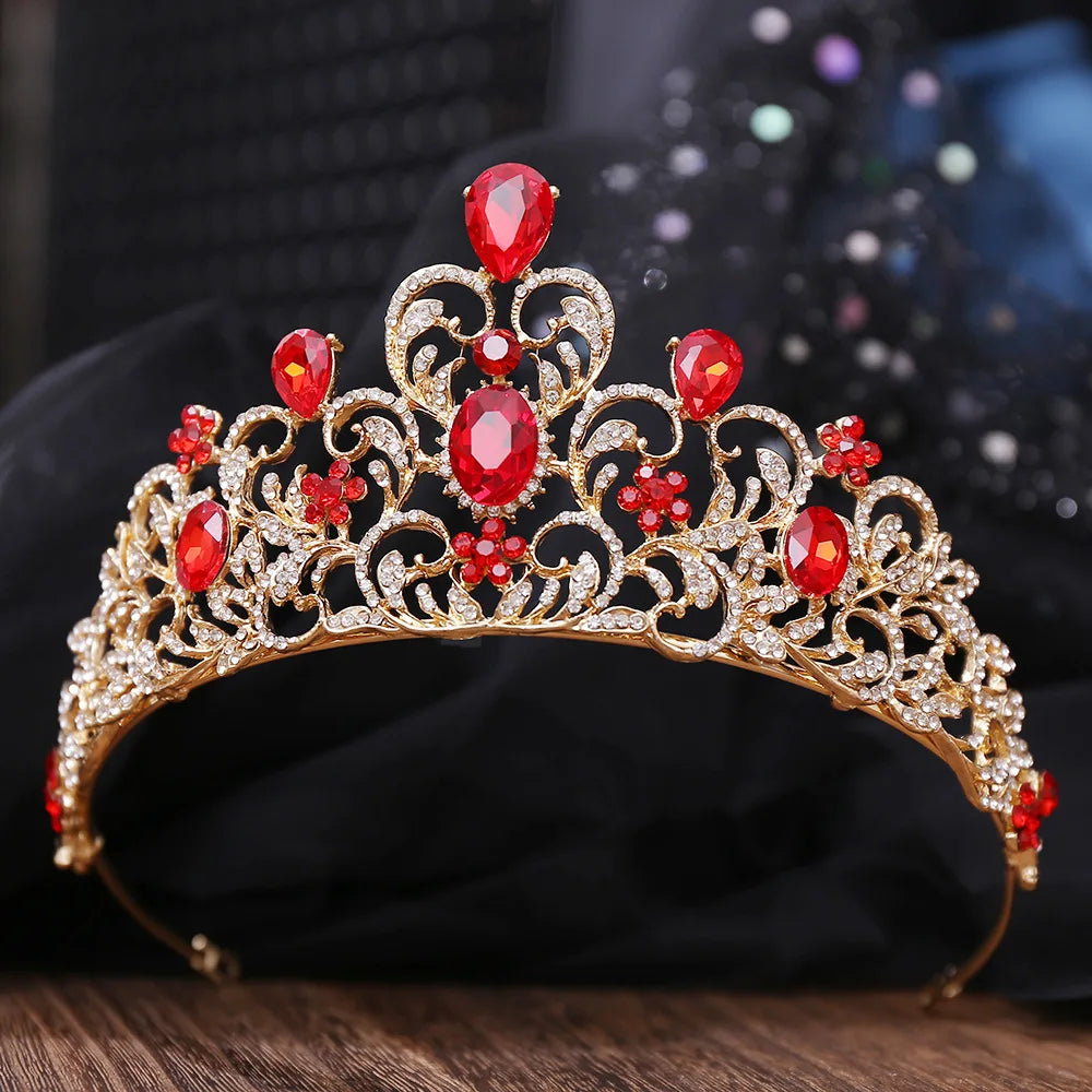 Baroque Gold Color Red Crystal Bridal Tiaras Crowns Rhinestone Pageant Diadem Women Headpieces Wedding Hair Accessories Jewelry