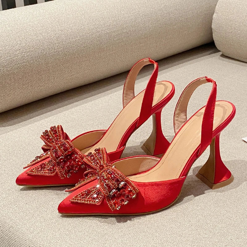 Fashion Sequined Crystal Bowknot Women Pumps Sexy Pointed Toe Red High Heels Wedding Banquet Shoes Ladies Slingback Sandal - EUFASHIONBAGS